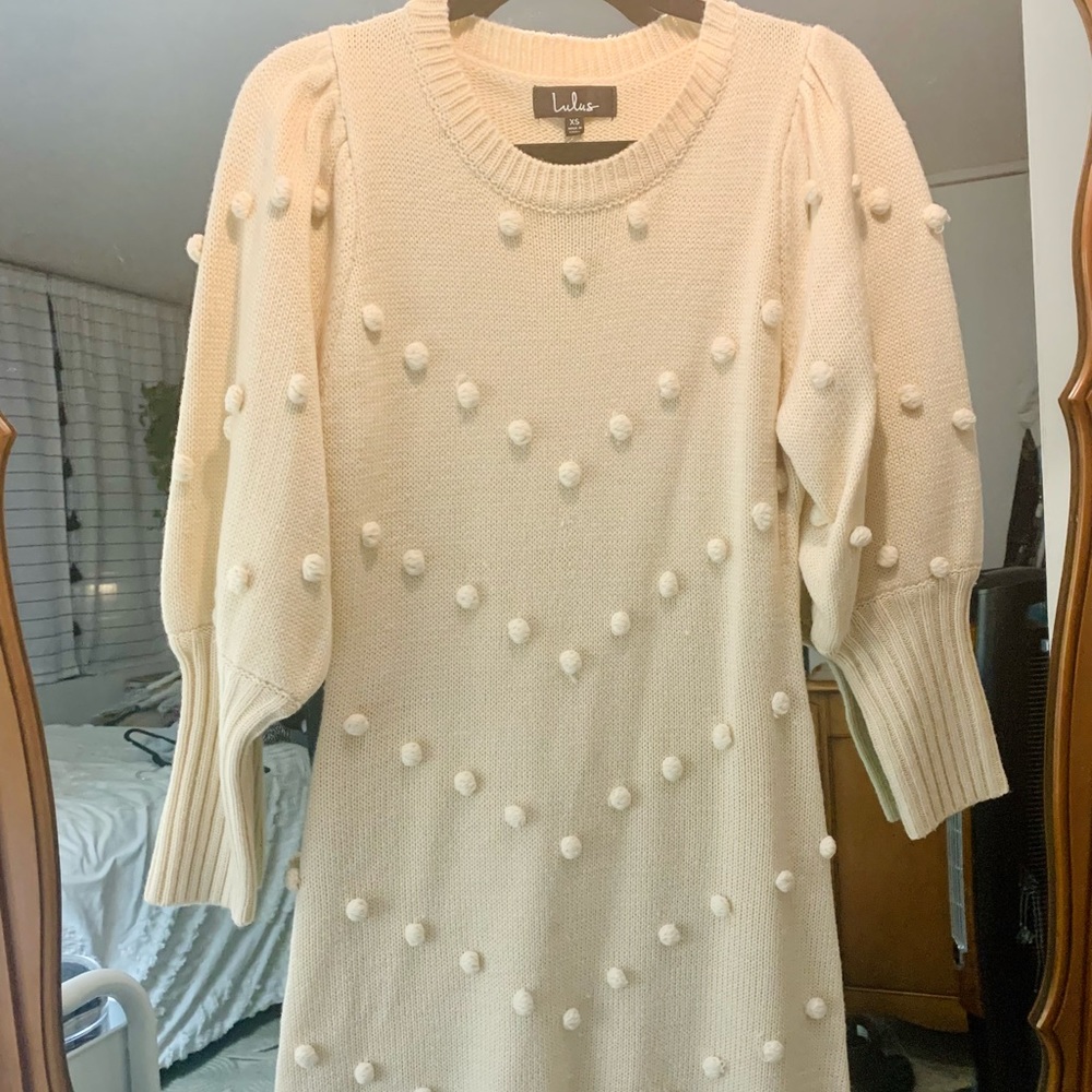 NWT Lulus Pom-Pom Sweater Dress with Puffy Sleeves